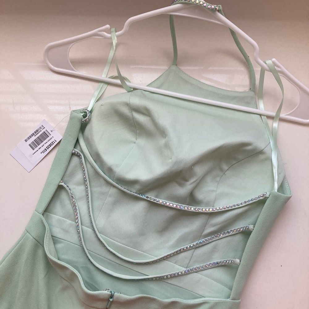 AQUA EMBELLISHED HALTER EVENING DRESS - Picture 11 of 16